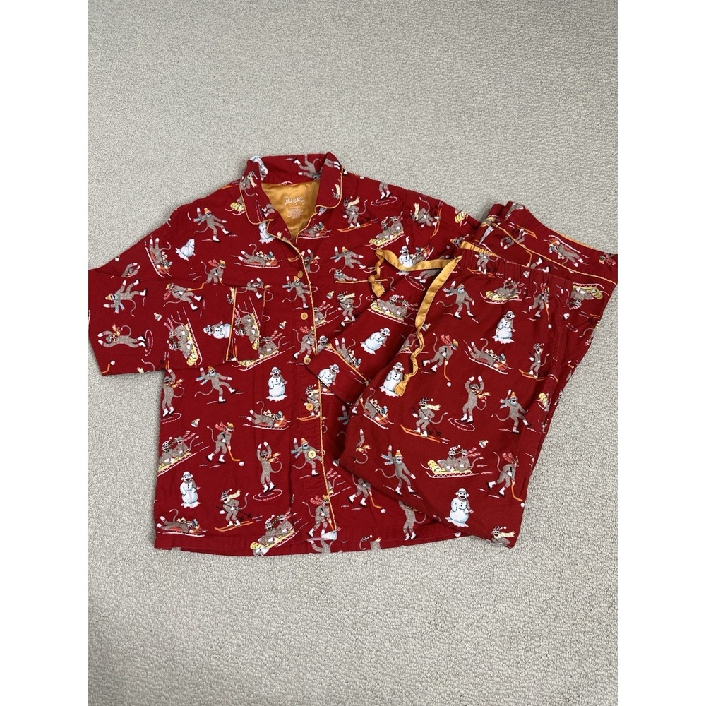 Nick and Nora Pajama Set Size M Red Downhill Sock Monkey Flannel Cotton